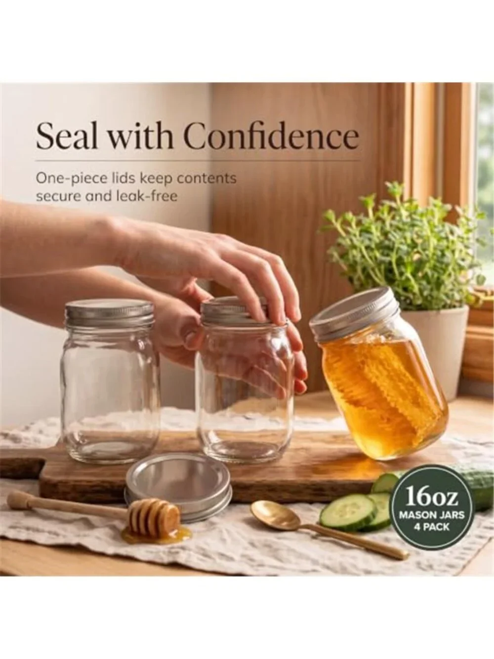 Glass Regular Mouth Mason Jars, 16 oz Clear Glass Jars with Silver Metal Lids